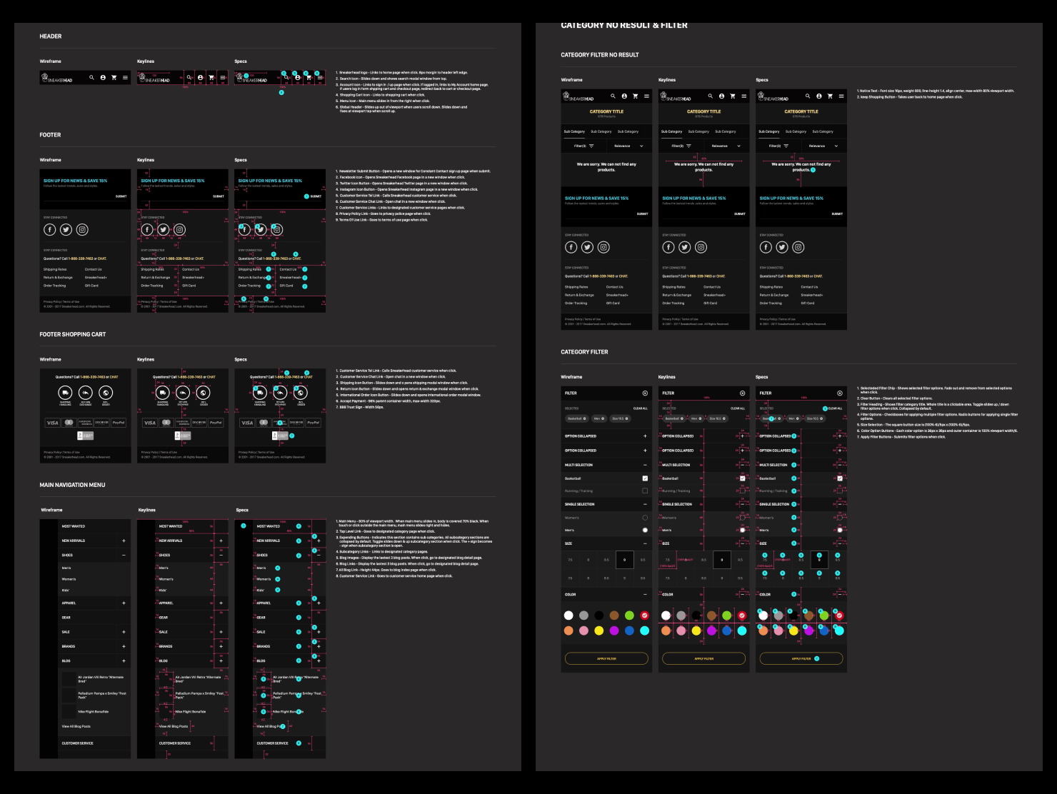 Style guide preview: layout specs for category, product, cart, and checkout screens, with spacing and interaction behavior called out.