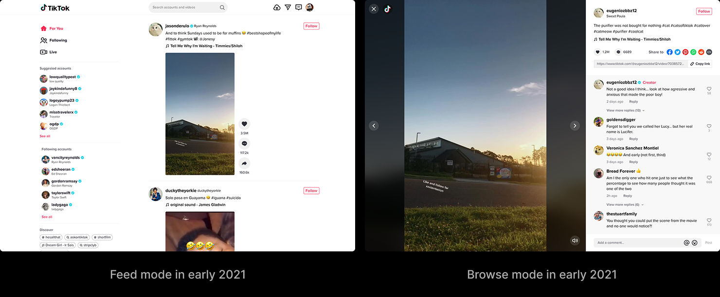 The inherited TikTok PC web experience, two modes side by side: Feed mode — an Instagram-style grid you scrolled forever — and Browse mode, a single-video deep dive reached by clicking a card, with comments in a separate panel.