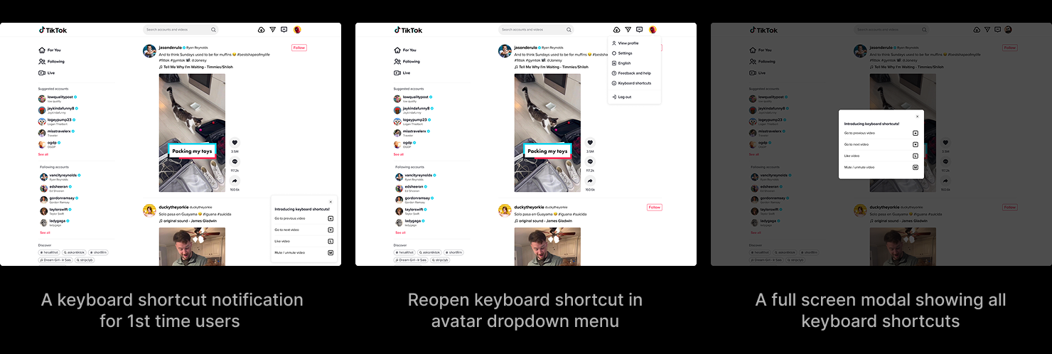 The shortcut flow: a first-time notification, the avatar dropdown to reopen the full list, and the full modal listing every shortcut.
