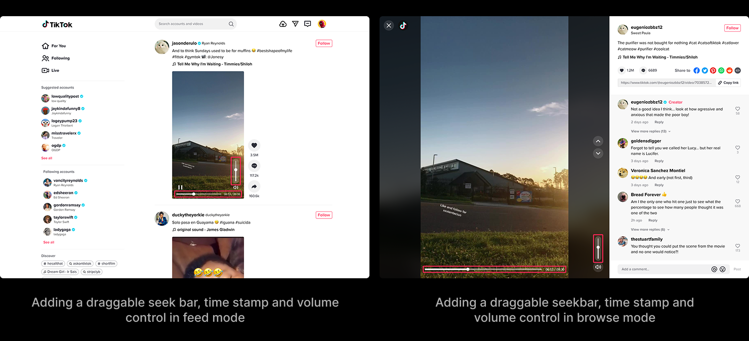 The draggable seekbar with a timestamp and a real volume control, shown in both feed and browse mode — the direct playback control a touchscreen can't offer and a mouse expects.
