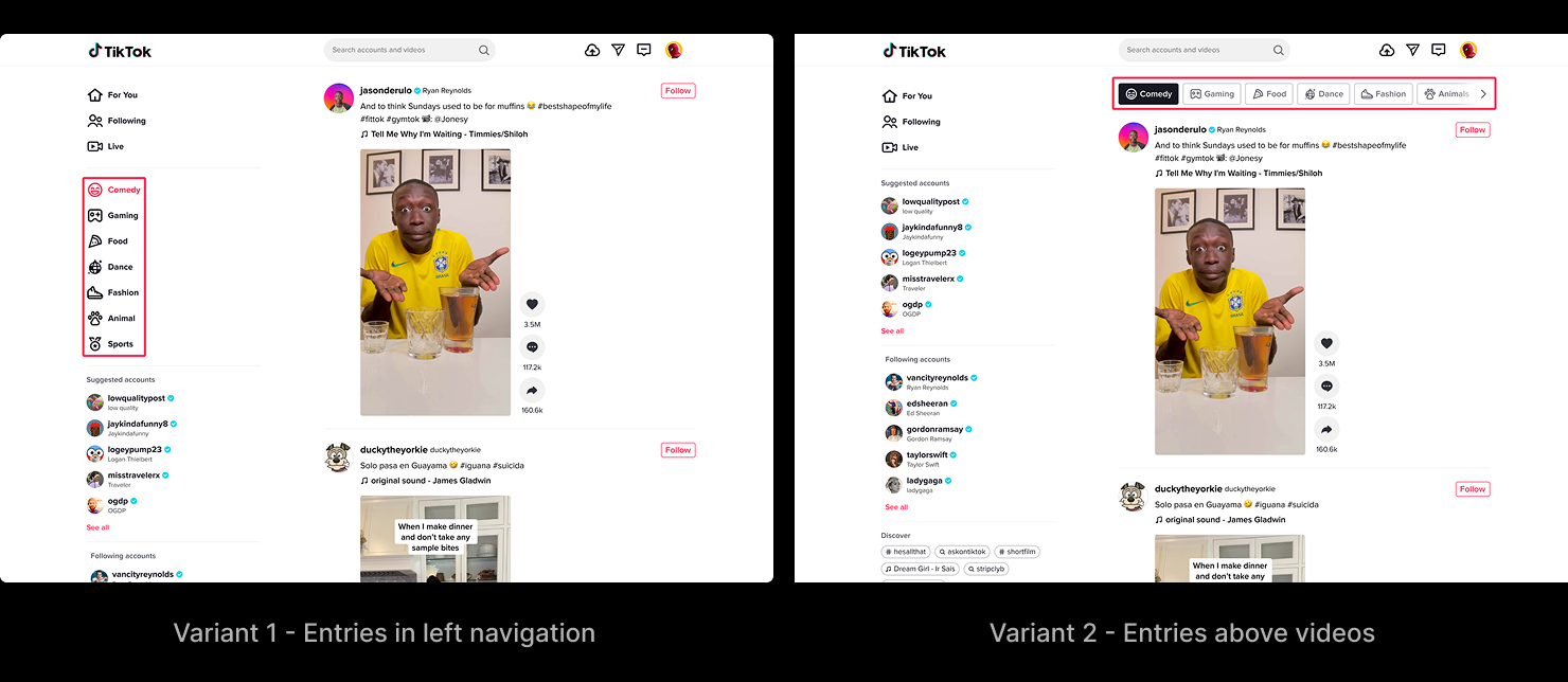 Seven popular topics — Comedy, Gaming, Food, Dance, Fashion, Animal, Sports — added as entries in the left navigation, each opening its own video feed.
