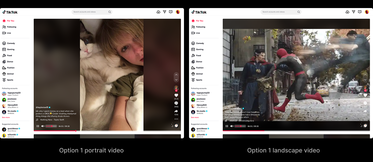 Option 1 of the immersive layout: the interface kept consistent and the landscape video large and responsive, with the context around the video only acceptable.