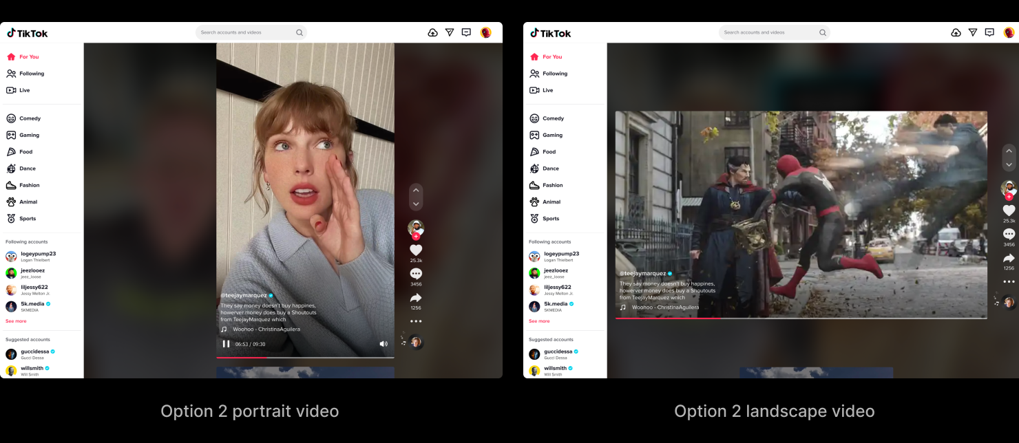 Option 2 of the immersive layout: the context fixed and the video kept large, but the interface positions shifted between orientations and landscape responsiveness suffered.