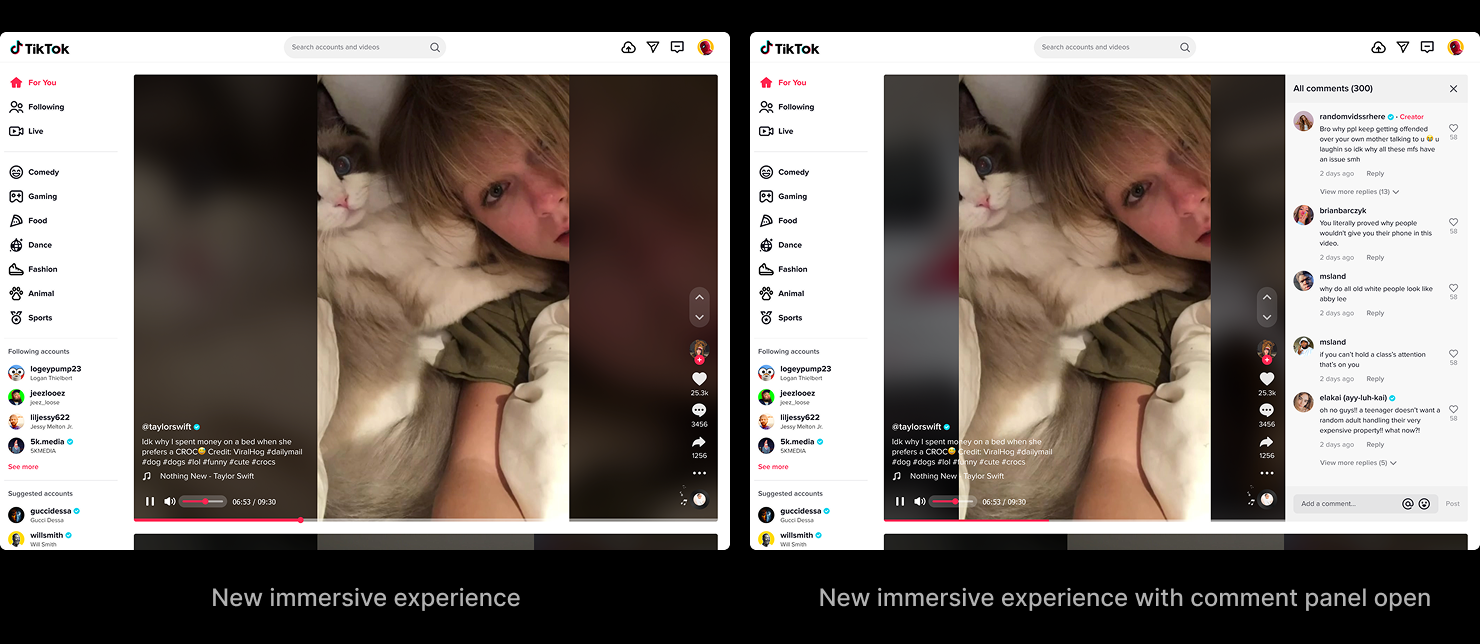 The new immersive experience with comments open: a large center video, the left navigation, the interactions stacked down the right, volume at the top, a draggable seekbar at the bottom, and a sliver of the next video peeking up from below.