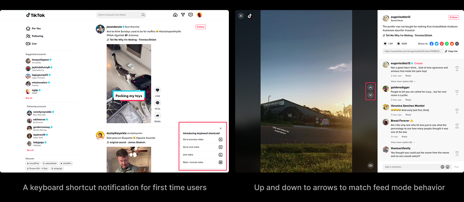The keyboard-shortcut notification introducing previous/next video on the arrow keys and like/mute one key away, alongside the browse-mode navigation moved from left-and-right to up-and-down.