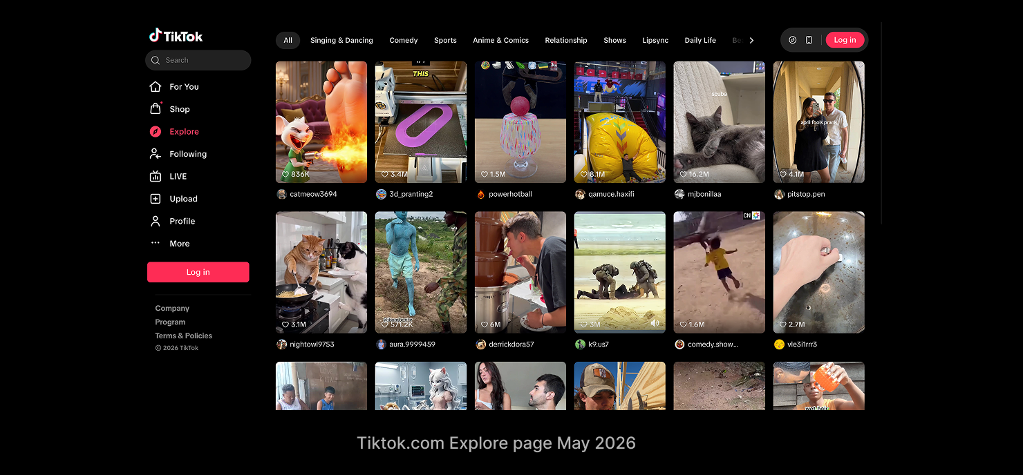 TikTok Explore today, a 2026 capture: horizontal category tabs sitting above the videos — the row of tabs we rejected in 2021, now shipped.