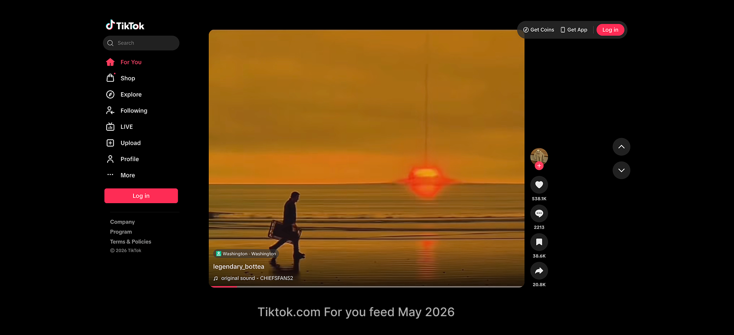 TikTok PC web For You today, a 2026 capture: a landscape video held at full immersive size, with the left-navigation rail, the interactions down the right, and the seekbar along the bottom.