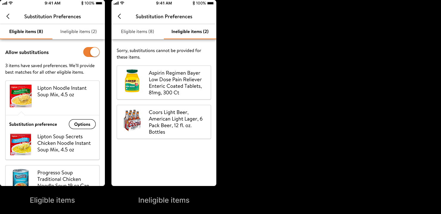 The tabbed-split structure for organizing a full order of substitution preferences: few categories and a simple interaction, but a specific item is harder to locate.