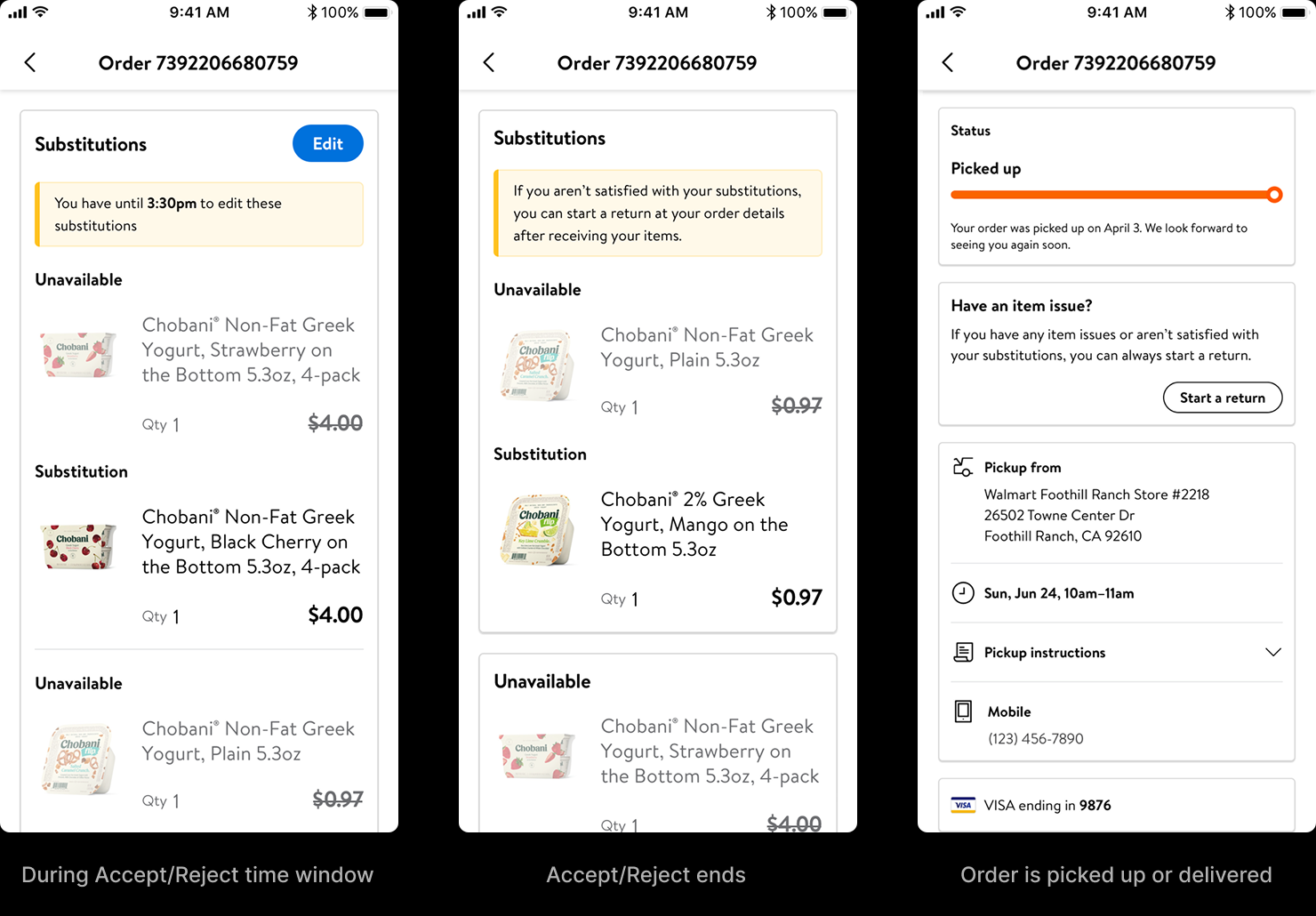 Three order states side by side: during the Accept/Reject window with an Edit affordance and running total, after the window closes with rejected items moved to an Unavailable section, and the delivered order with a Start a return entry.