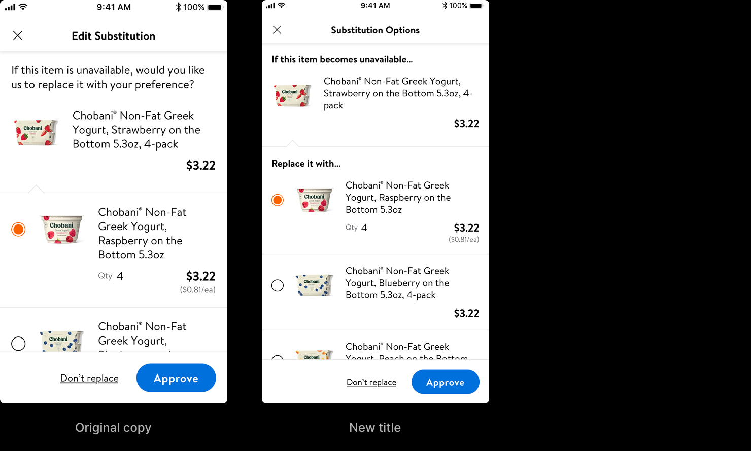 Before/after of the Customer Choice prompt: the first version buried the conditional and was misread as the item already being unavailable; the rewrite made the condition structural — 'If this item becomes unavailable…' as a section header and 'Replace it with…' framing the choice.