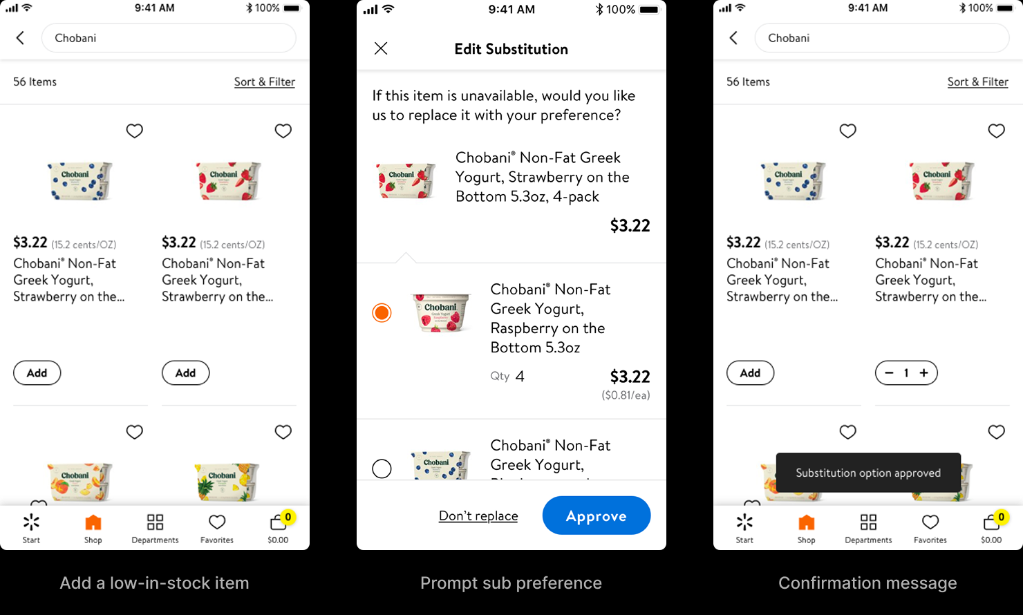 Customer Choice prompt appearing the moment a low-in-stock item is added to the cart, asking what the customer would want instead if the item becomes unavailable, with replacement options and a decline option.