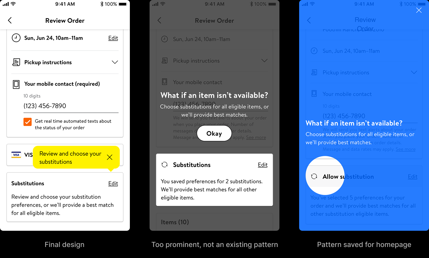 The Review & Edit entry-point decision: the chosen design — a 'Substitutions' section on the Review Order page with an inline edit affordance — shown alongside the rejected variations (full-screen interstitial, homepage-style coachmark, an Allow substitutions toggle, and a per-item summary).
