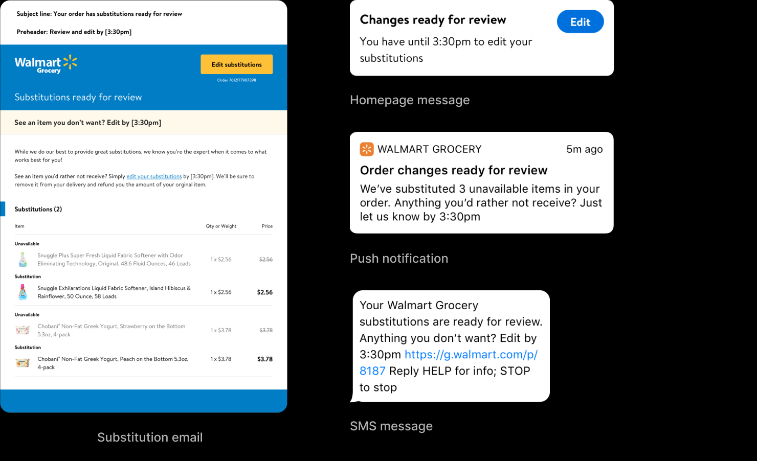 Substitution communication shown across channels — SMS, push, email, and a persistent homepage message — so every customer receives at least two forms of notification.